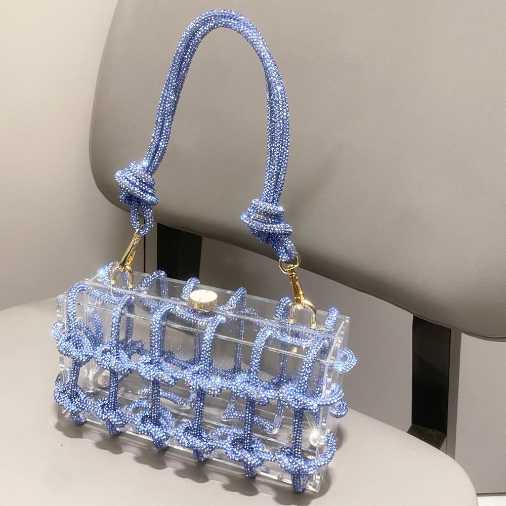 

Ручка зі стразами Вечірня сумка срібло Crystal Top Hand Hand Сумки для жінок Гаманці та сумочки Розкішна дизайнерська банкетна сумка світло-синій колір
