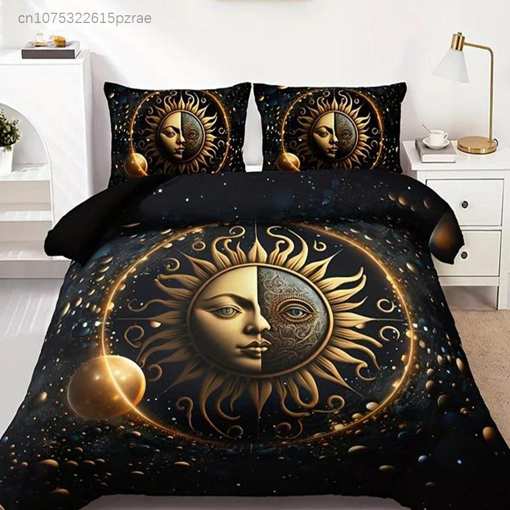 Moon Stars Celestial Sun Duvet Cover Set Golden Printed Bedding Set For Home Decor