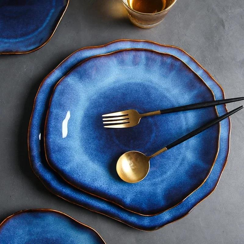 BEPAN Piatti in Ceramica Blu Scuro Piatto Piatto Irregolare Piatto di Porcellana Decorazione Domestica Stoviglie Vassoio per Stoviglie Forniture per Cucina Hotel