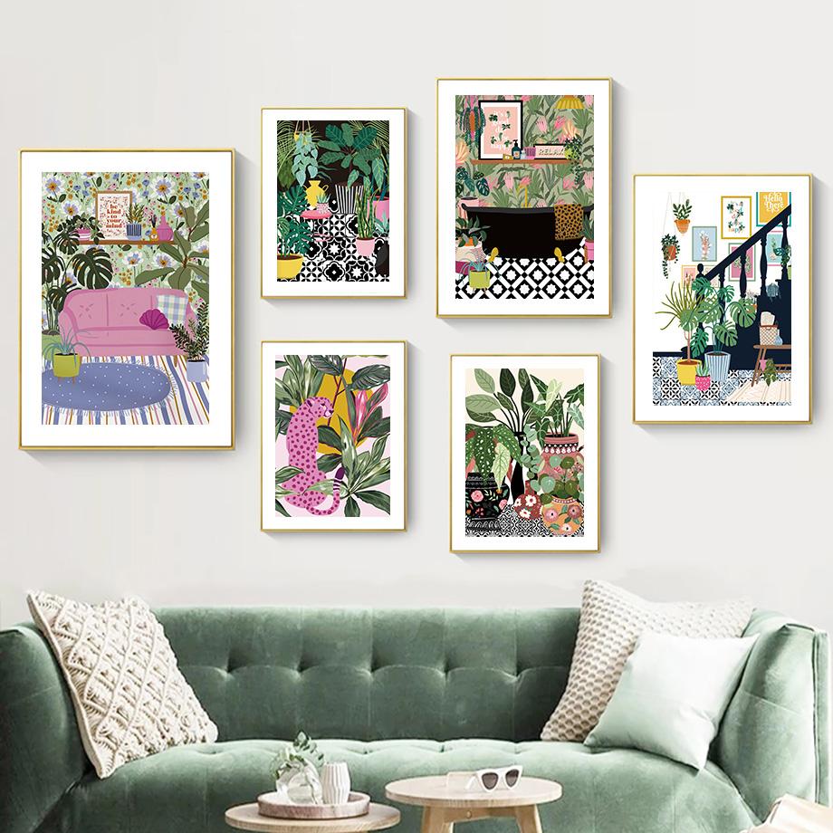 Boho Green Monstera Leaf Leopard Tub Sofa Wall Art Canvas Painting Nordic Posters And Prints Wall Pictures For Living Room Decor