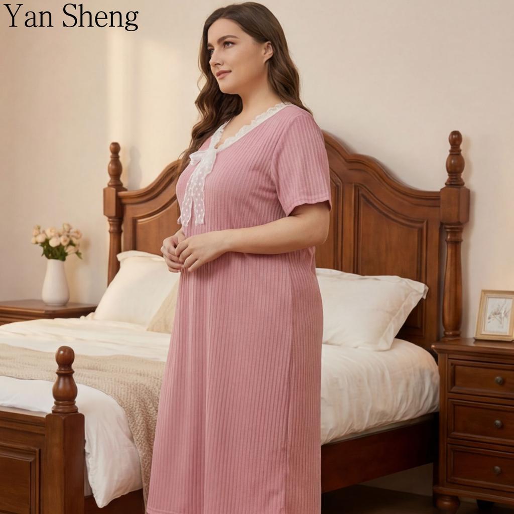 Women Nightgown Plus Size Lace Bow Short Sleeve Long Robe Sexy Home Dress Summer Loungewear for Ladies