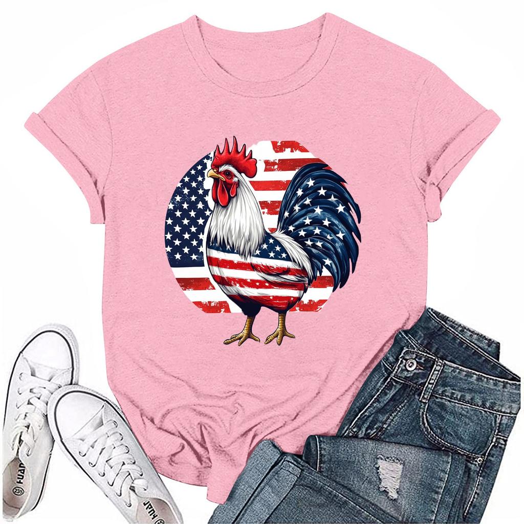 חולצת טי שירט קז'ואל לנשים עם צווארון עגול ושרוולים קצרים מודפסת ליום העצמאות