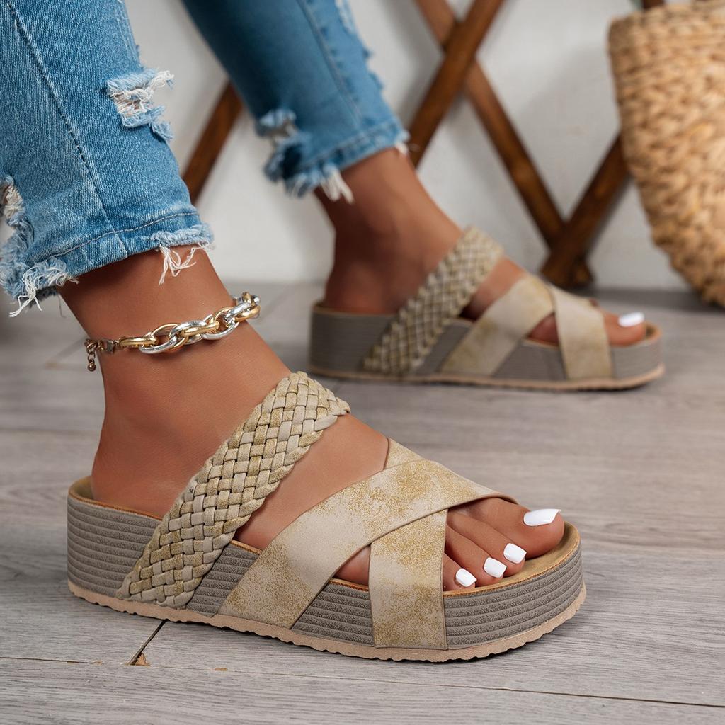 Summer Women Sandals Sexy Open Toe Broad Band Crossover Slip-On Thick Platform Shoes Casual Flat Slippers Big Size 43