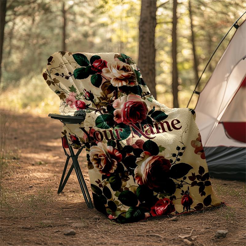 Custom Name Vintage floral roses. Flannel Fleece Blanket Cozy Warm Throw Blanket For Couch Bed Travel All Season Use