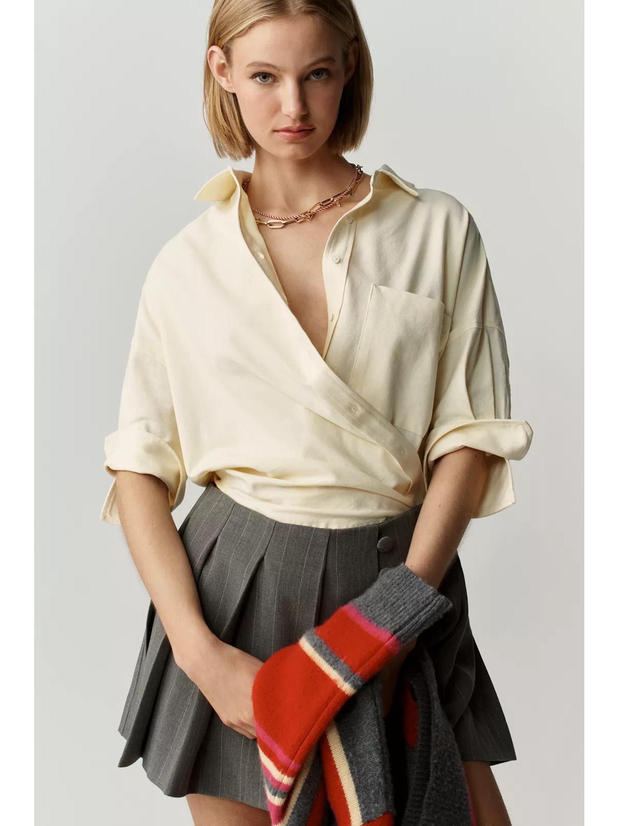 2026 Spring/Summer Women s French Striped Patchwork Short-Sleeve Pocket Shirt Large светло-желтого