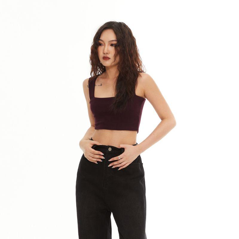 

Low Collar European and American Sexy Slim Fit Slimming Spaghetti Straps Vest Burgundy S