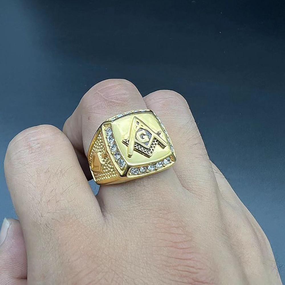 Hip Hop Freimaurer Ring für Männer 316L Edelstahl Iced Out Bling CZ Kristall Freimaurer Ringe Goldfarbe Mode Amulett Schmuck