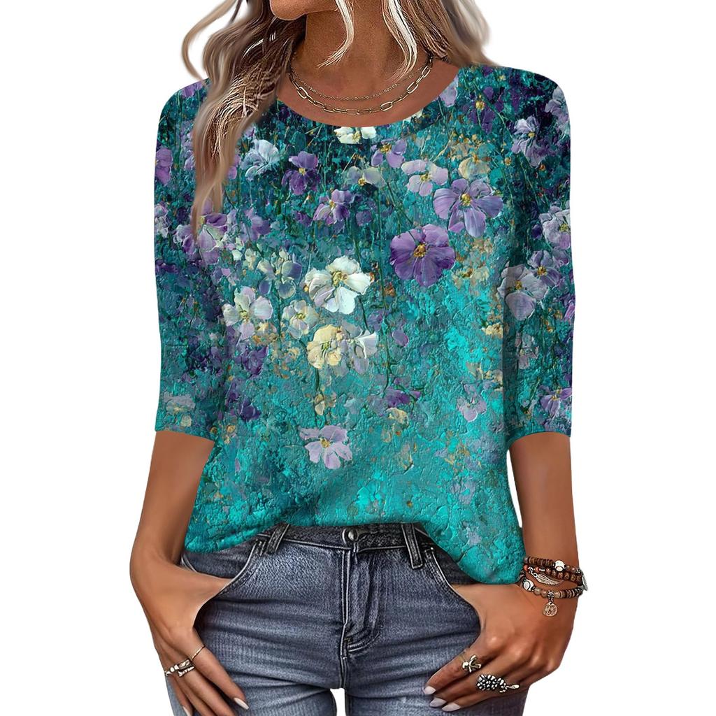 Mote Casual Rund Hals 3/4 Erme Løs Trykket T-skjorte Dame Topp