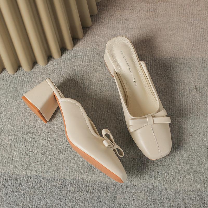 

One-word bow thick-heeled bag head slippers half-towed, wearing cool slippers casual thick-heeled bag shoes 40 абрикосовый