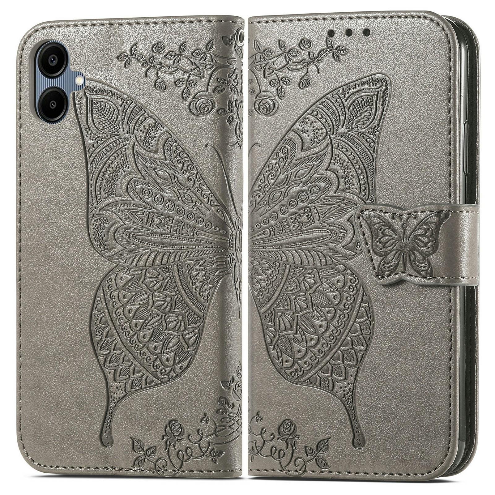 

For Samsung Galaxy A06 4G Case PU Leather Wallet Phone Cover Butterfly Pattern Grey