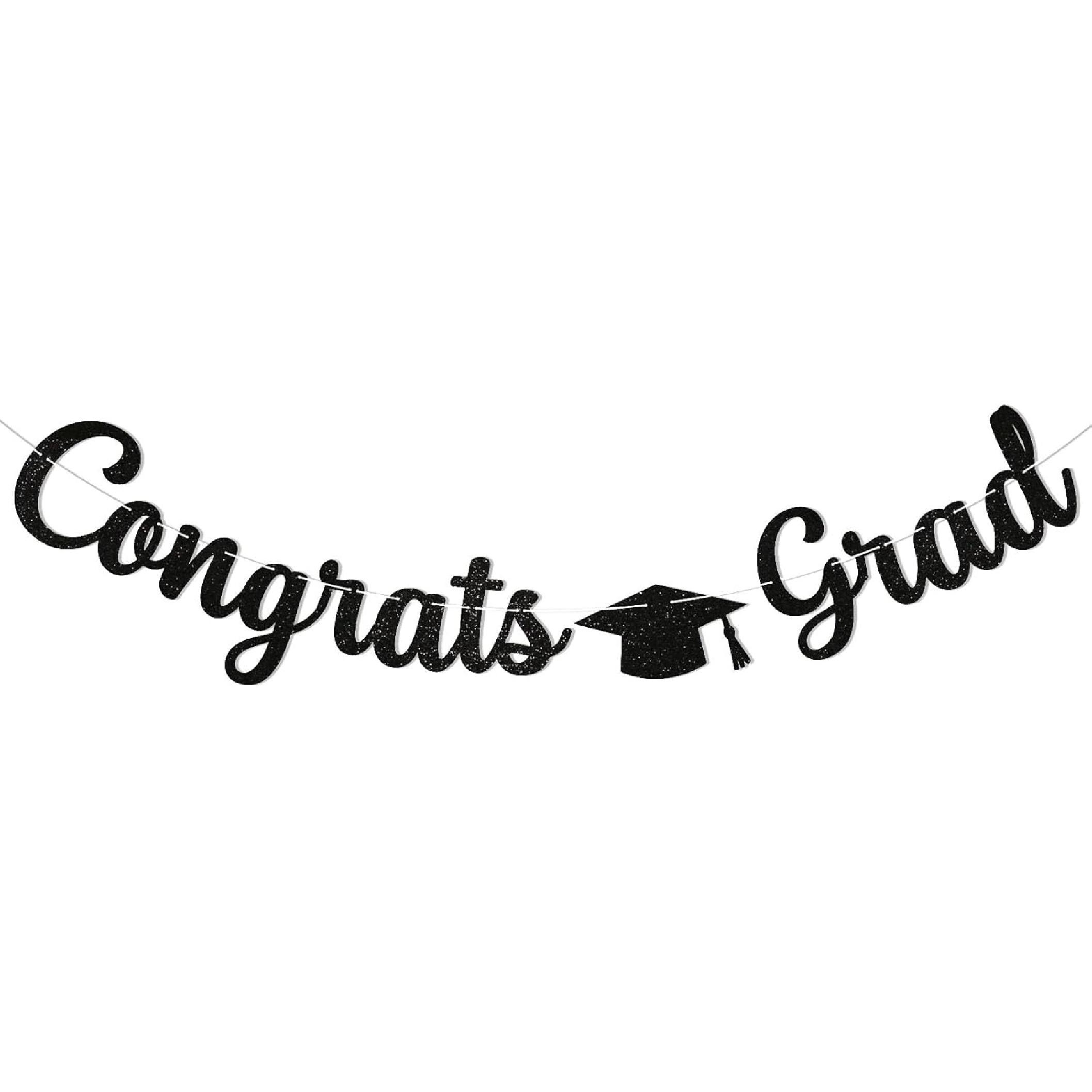 Pre-Strung Congrats Grad Banner - Black Glitter Graduation Party Banner with Cap, Congratulations Graduate Decor, High School College Graduation