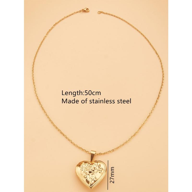 Silver Gold Openable Rose Photo Frame Heart Pendant Stainless Steel Necklace