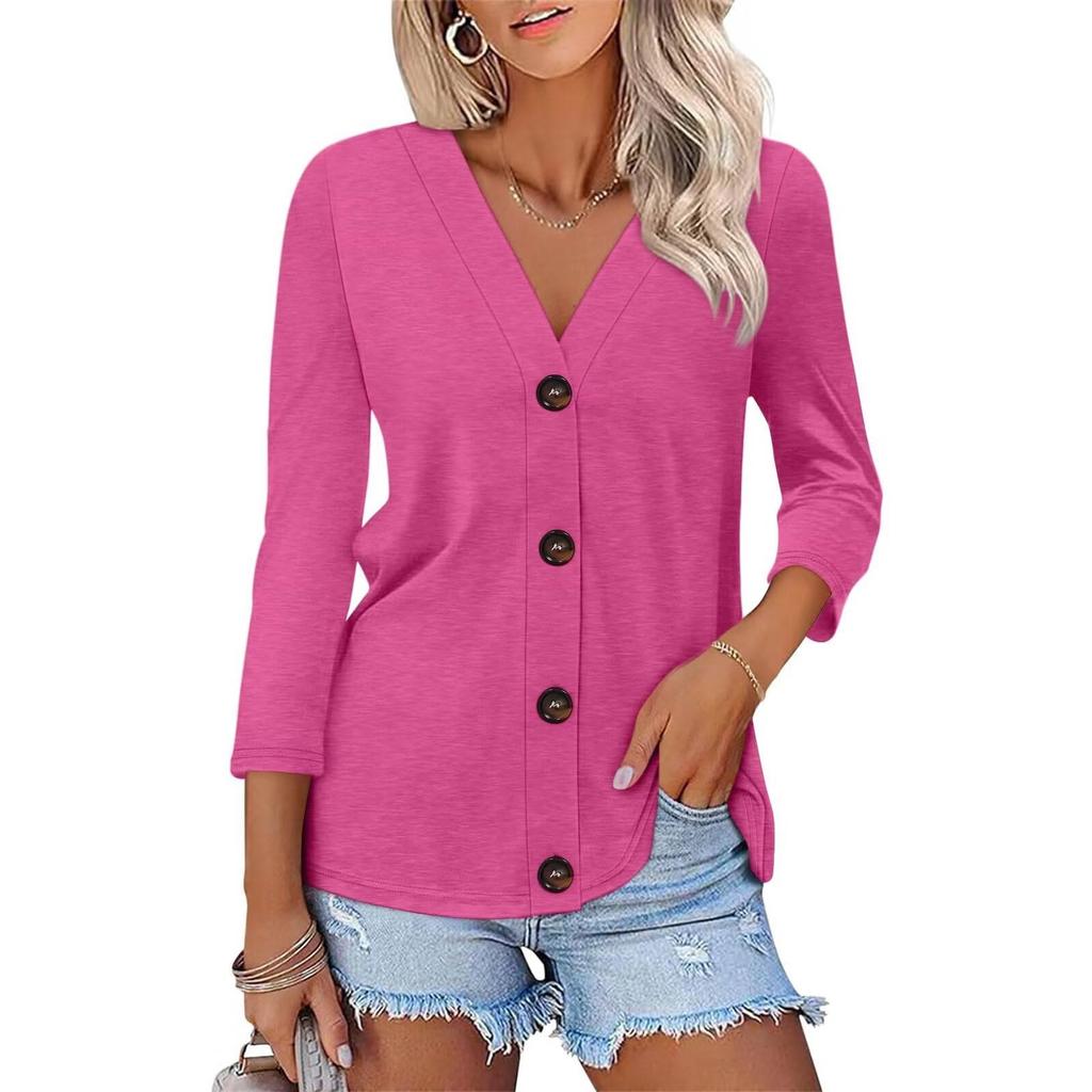 Women's Fashion Casual Solid Color Button-down Shirt 3/4 Long Sleeve Tops
