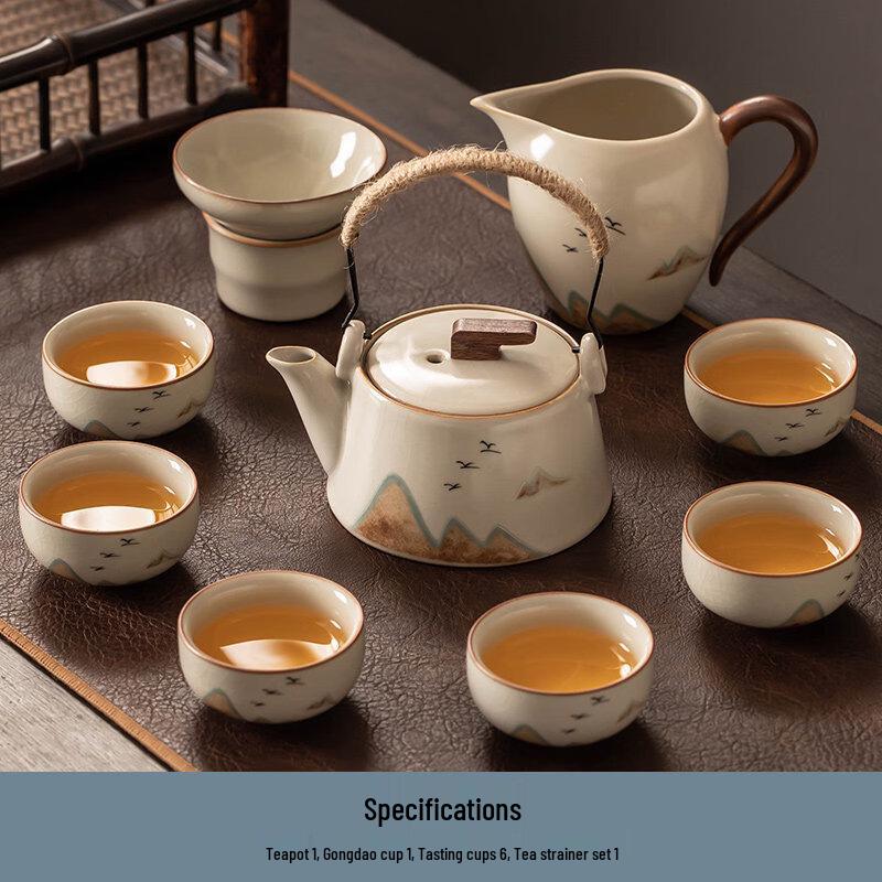 Ru Kiln Ceramic Kung Fu Tea Set with Lifting Beam Pot (10-Piece)