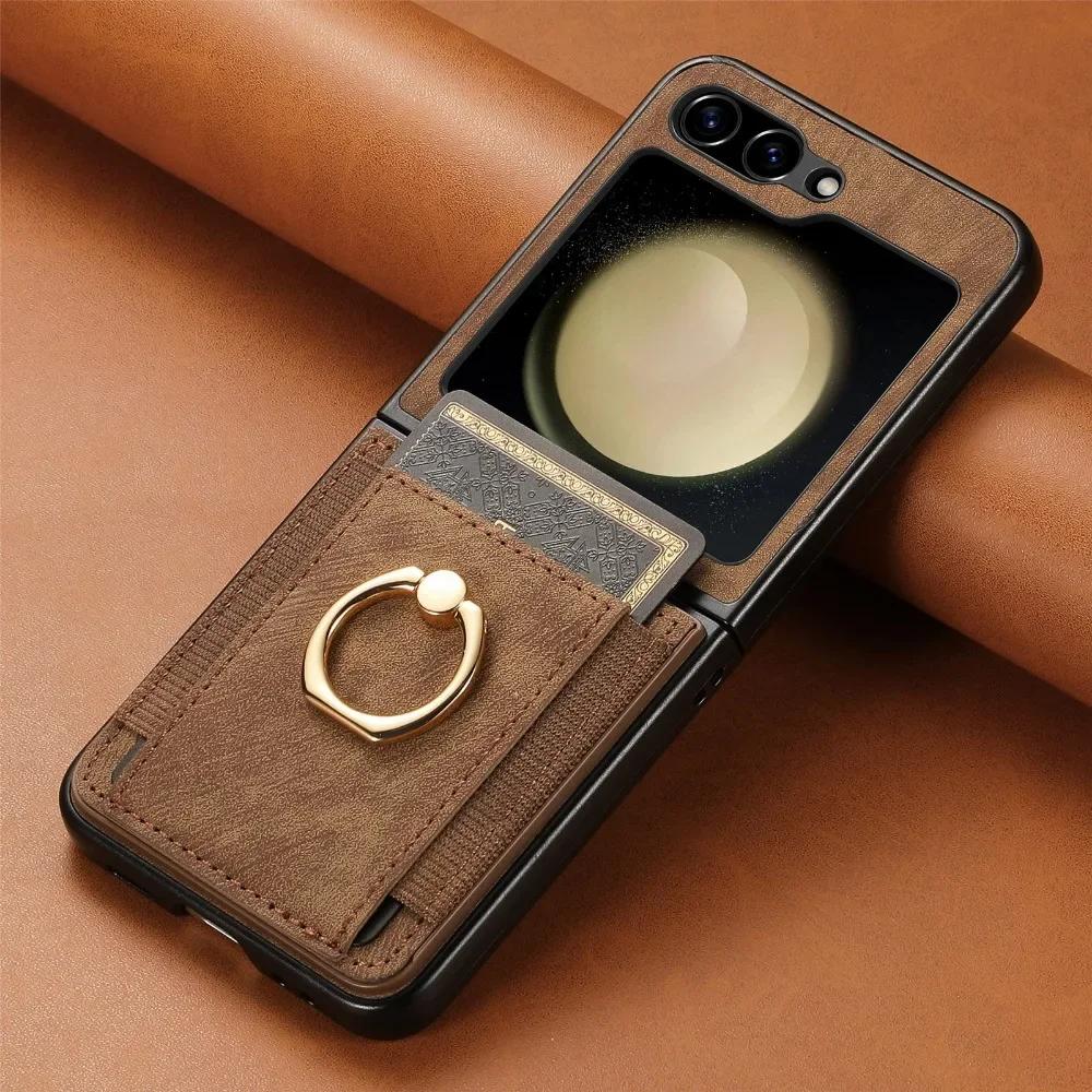 Retro PU Leather Cover for Samsung Z Flip 6 5 4 3 2 Flip6 Flip5 Flip4 Flip3 Flip2 5G Ring Card Slot Holder Wallet Phone Case