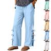 Women's Cotton And Linen Loose-fitting Color Casual Pants With Elastic Waistband, Side Slits  Design.