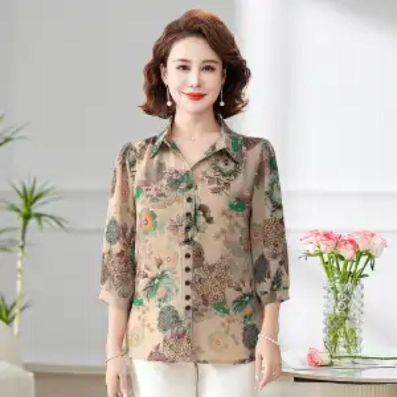 Women's Floral Print 3/4 Sleeve Blouse Turn-Down Collar Button Down Casual Loose Elegant Summer Tops Middle-Aged