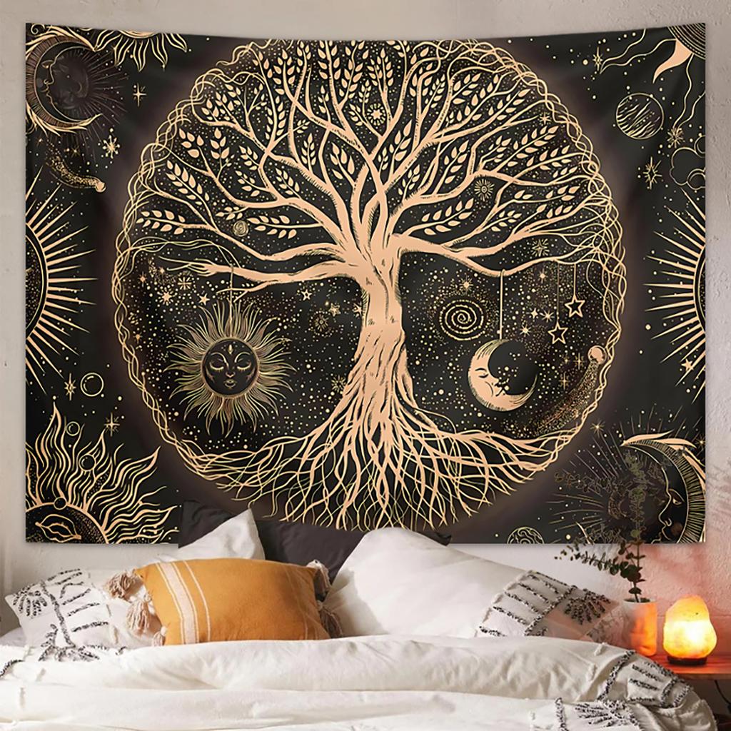 1pc Tree of Life Tapestry Wall Hanging, Aesthetic Galaxy Sun Moon Starry Sky Tapestry, Home Living Room Bedroom Decoration