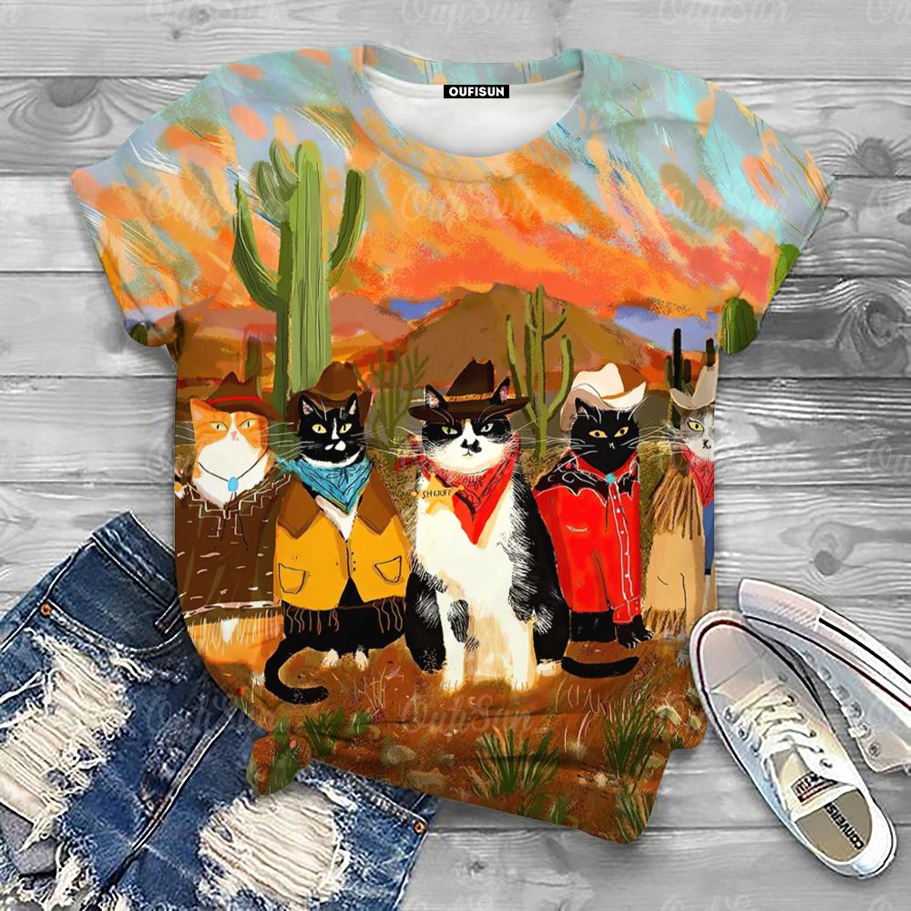 Cute Cartoon Cat Print Women's T-Shirts Top Short Pullover Sleeved Fashion Casual Style O-Neck Tee Shirt Female Clothing Summer