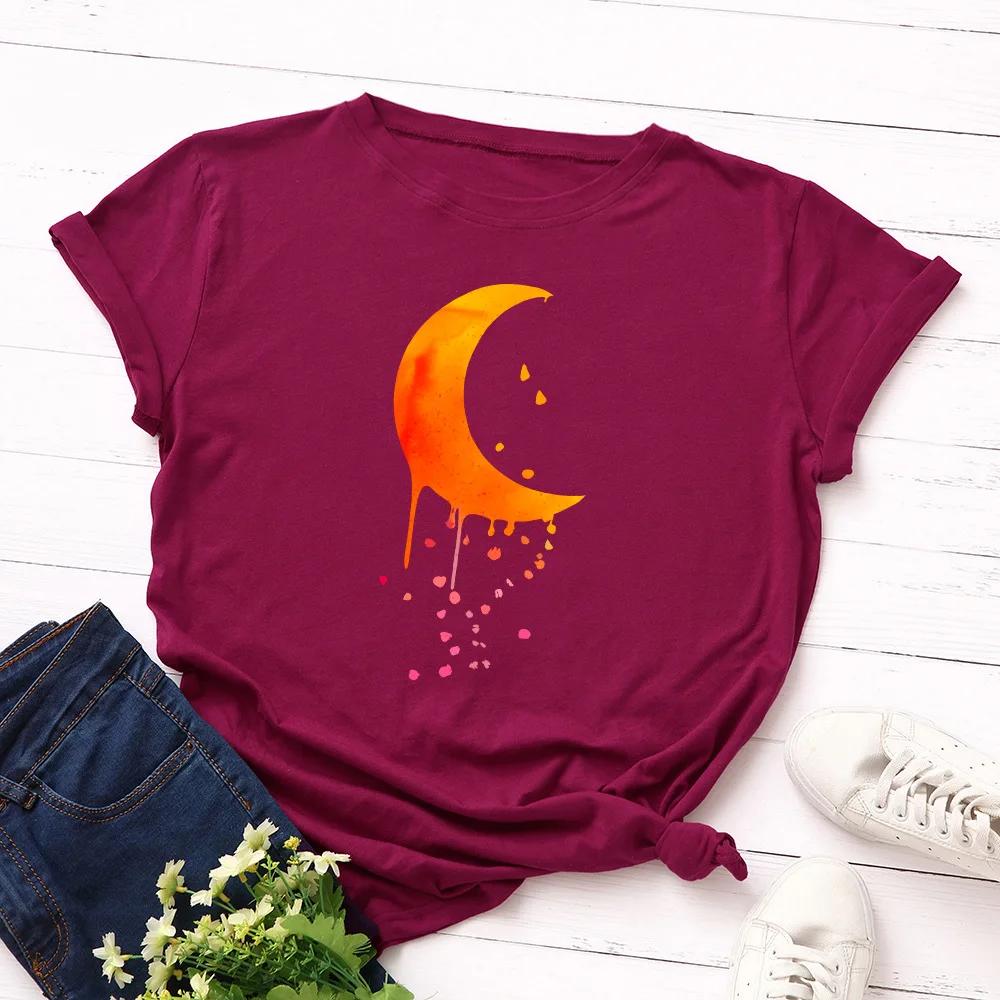 Orange Moon Print T Shirt Women Short Sleeve O Neck Loose Tshirt Summer Women Tee Shirt Tops Camisetas Mujer