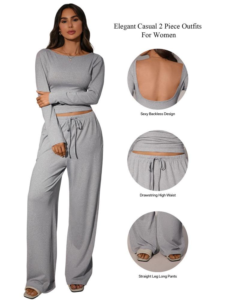 Damski jesienny komplet: casualowe, jednokolorowe, podstawowe długie spodnie z długim rękawem, odkryte plecy, ściągane sznurkiem, dla kobiet