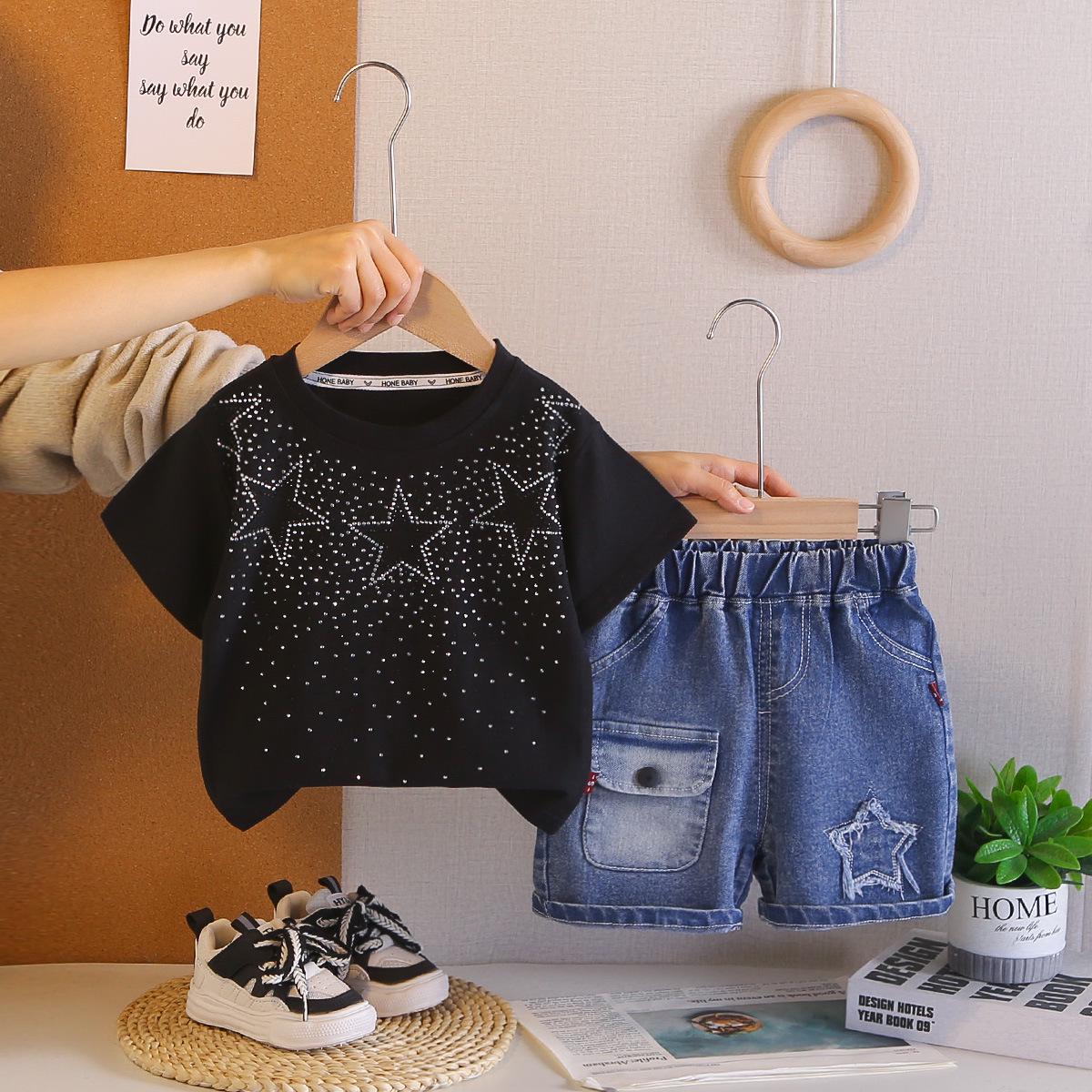 Boys  Summer 2026 Star Rhinestone Short-Sleeve T-Shirt - Trendy Casual Kids  Outfit XXL чёрный