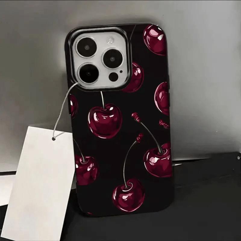 Black cherry pattern design phone case suitable for iPhone 17 16 15 14 13 12 11 Pro/Max/Plus anti drop and shockproof back cover
