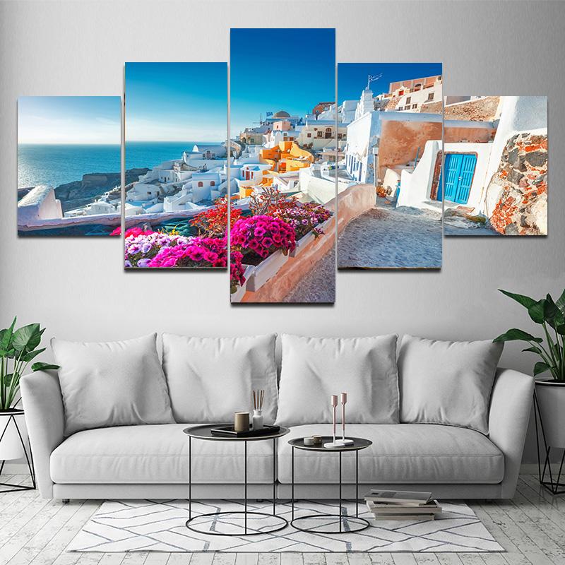 

5 шт., греческий пейзаж, здание, цветок, холст, живопись, постеры и принты, натуральная настенная картина для гостиной, домашний декор, без рамки 20x35 20x45 20x55CM