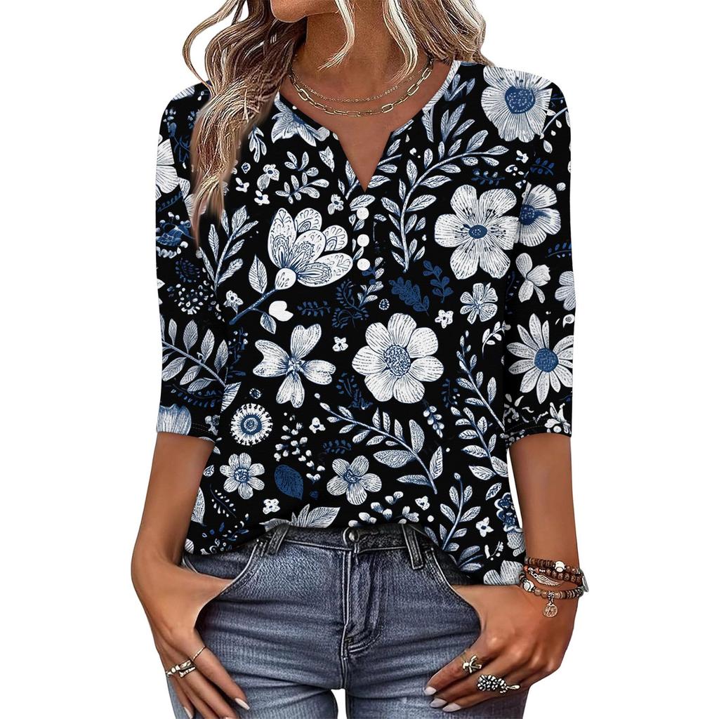 Women's Fashionable Casual Retro Floral Print V-Neck Button-Down Three-Quarter Sleeve T-Shirt Top