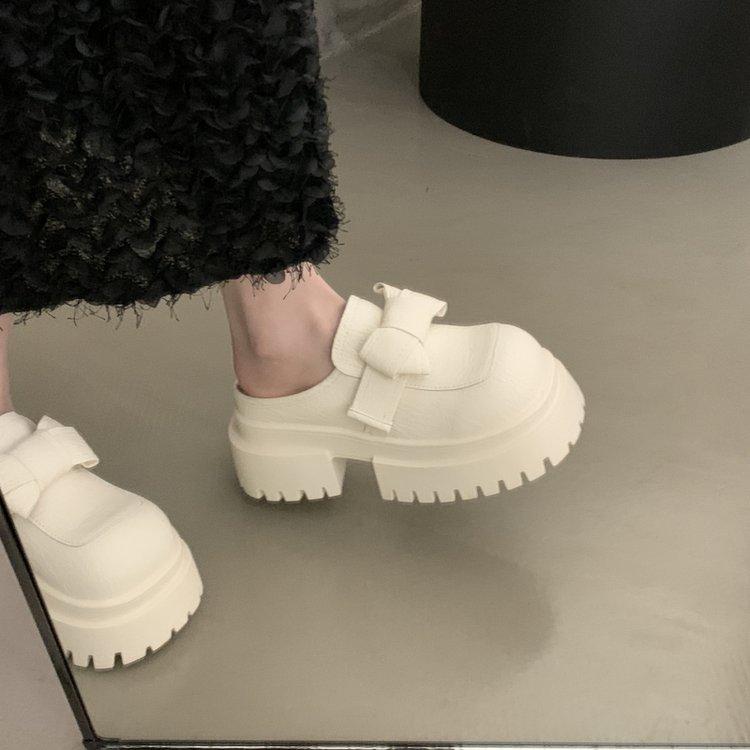 Baotou half slippers women's big head bow thick-soled muffin small man 7cmJK small leather shoes one foot cool shoes