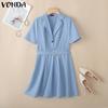 VONDA Women Elegant Short Sleeve Belt Casual Mini Pleated Dress