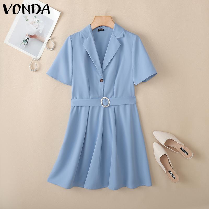 VONDA Women Elegant Short Sleeve Belt Casual Mini Pleated Dress