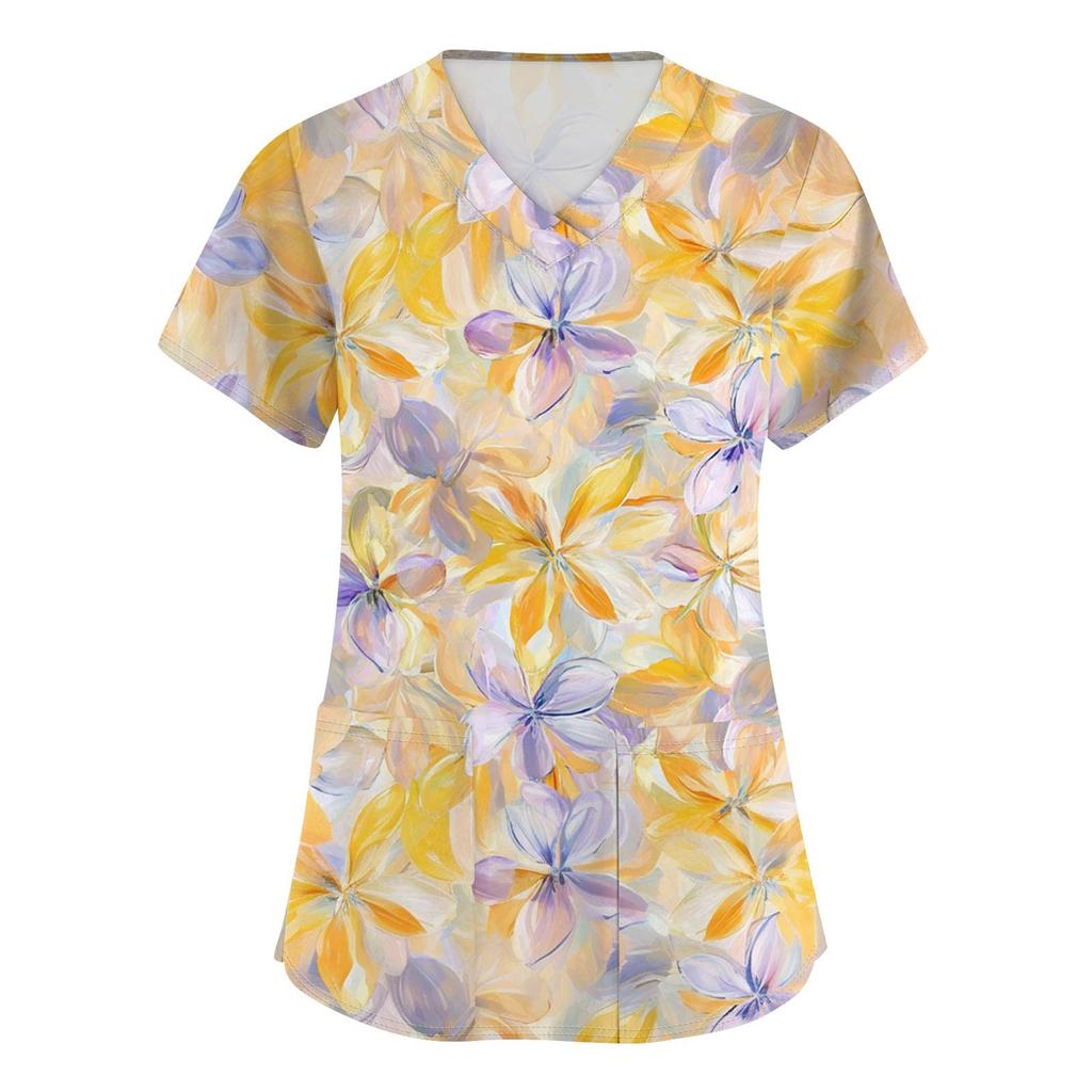 Women's Fashion Printed  Short Sleeve Care Workwear With Double Pockets Top