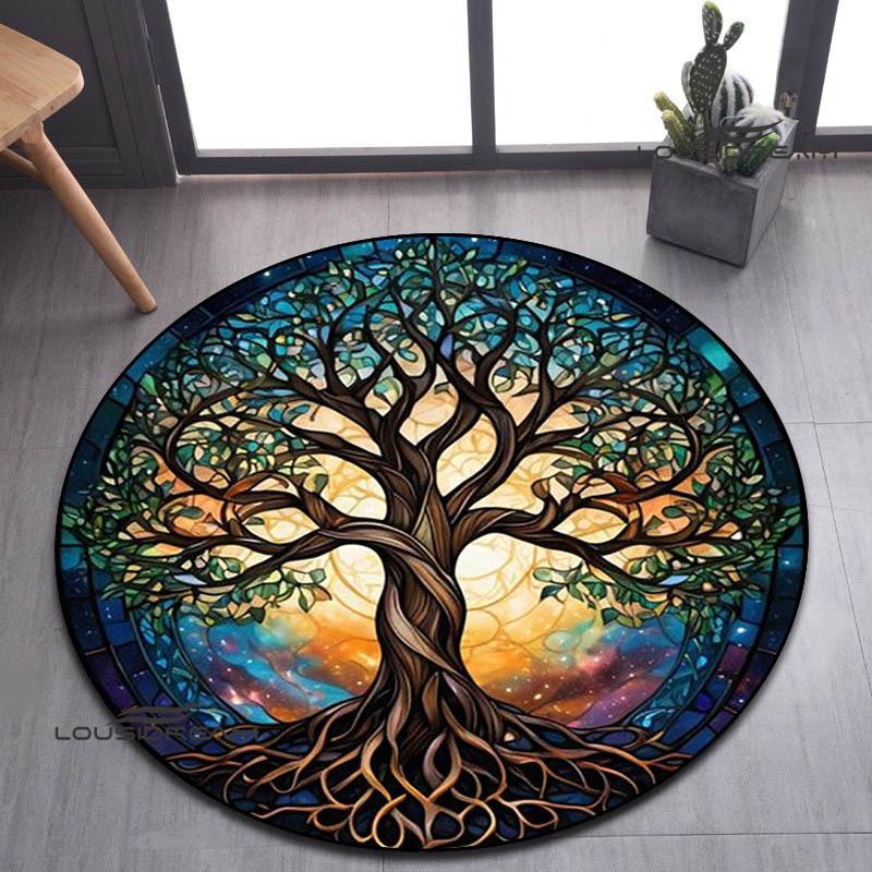 Tree of Life Retro Printed Round Carpet Living Room Bedroom Beautiful Carpet Non -slip Door Pad Floor Mats Birthday Gift