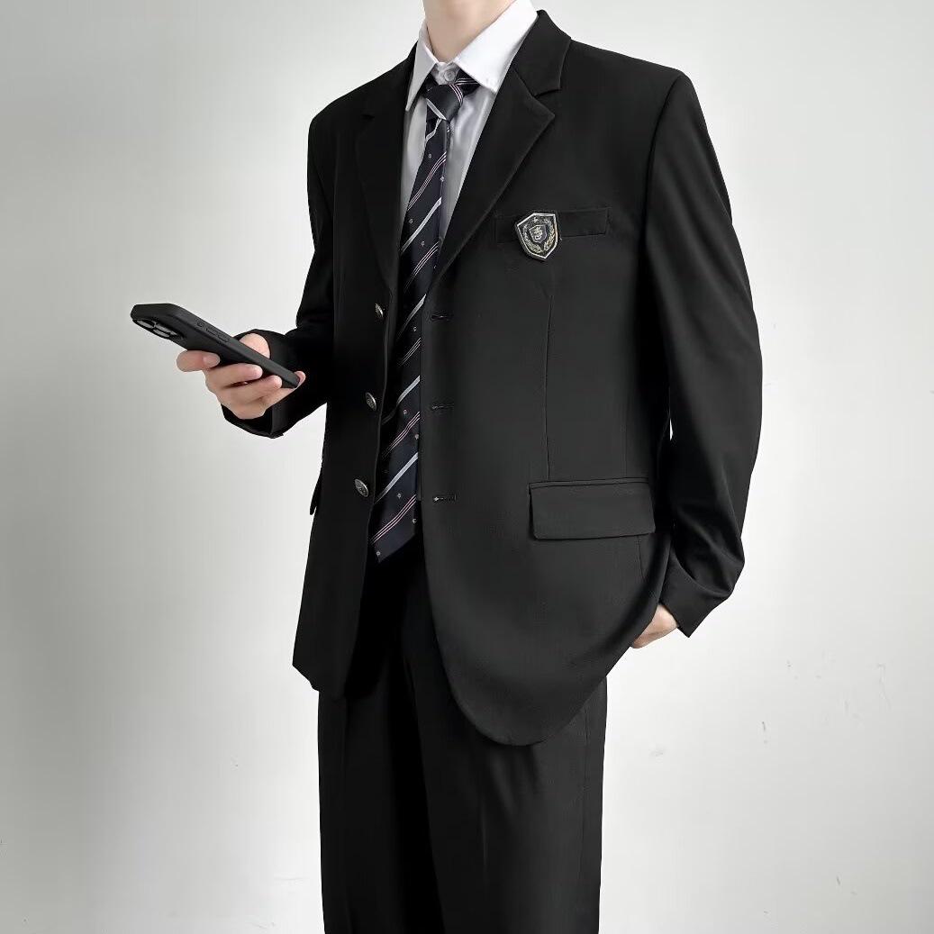 

Однобортный черный пиджак в студенческом стиле унисекс с эмблемой на весну/осень XL