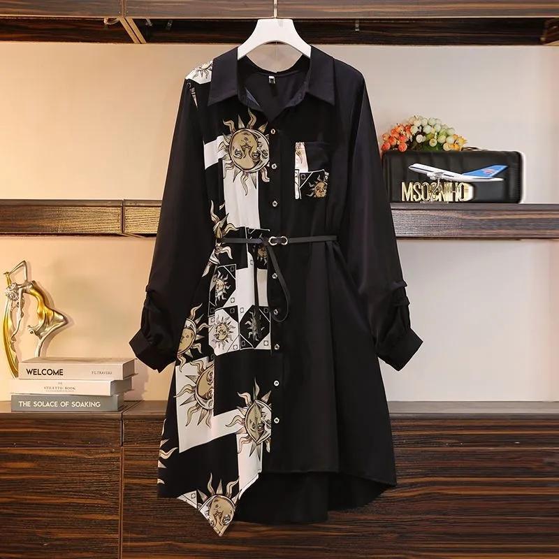 Eleganti Abiti Monopetto al Ginocchio da Donna Stampa Vintage A-line Larghi Collo Polo Donna Primavera Taglie Forti