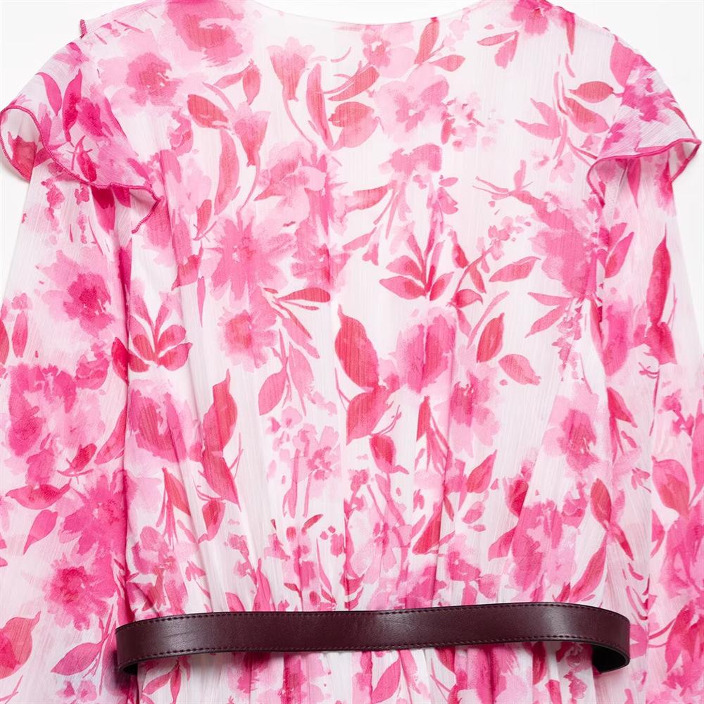 Spring/Summer 2025 Women's Floral V-Neck Dress - Slim Fit, Belted Waist