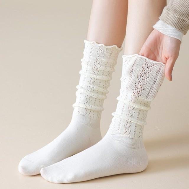 Korean Hollow Out Wood Ear Fishnet Stockings - Women's Knitted Mesh Calf Slimming Slouchy Long Socks