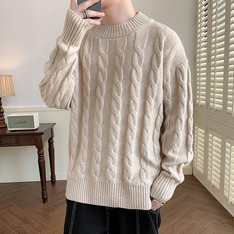 Herbst- und Winter Zopfmuster Pullover Herren Herbst- und Winter Innen mit Rundhals Unterziehstrickpullover Herren Langarm Faden