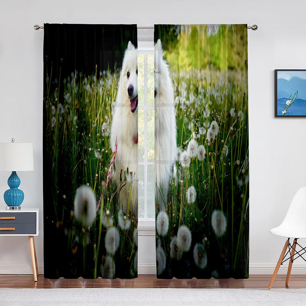 Doi Câini Samoyed Drăguți în Zăpadă Perdele Tulle pentru Decor Living Dormitor Bucătărie Perdea Voal Transparent Modern Draperii Fereastră