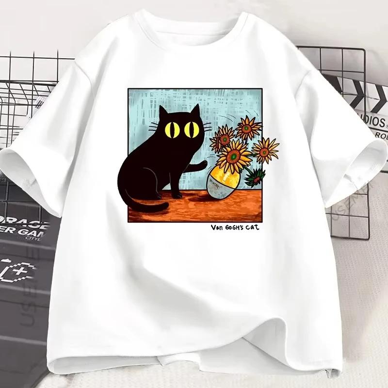 Van Gogh Women S CAT Printing Camiseta Black Cat Flower Camiseta De Manga Corta Camiseta