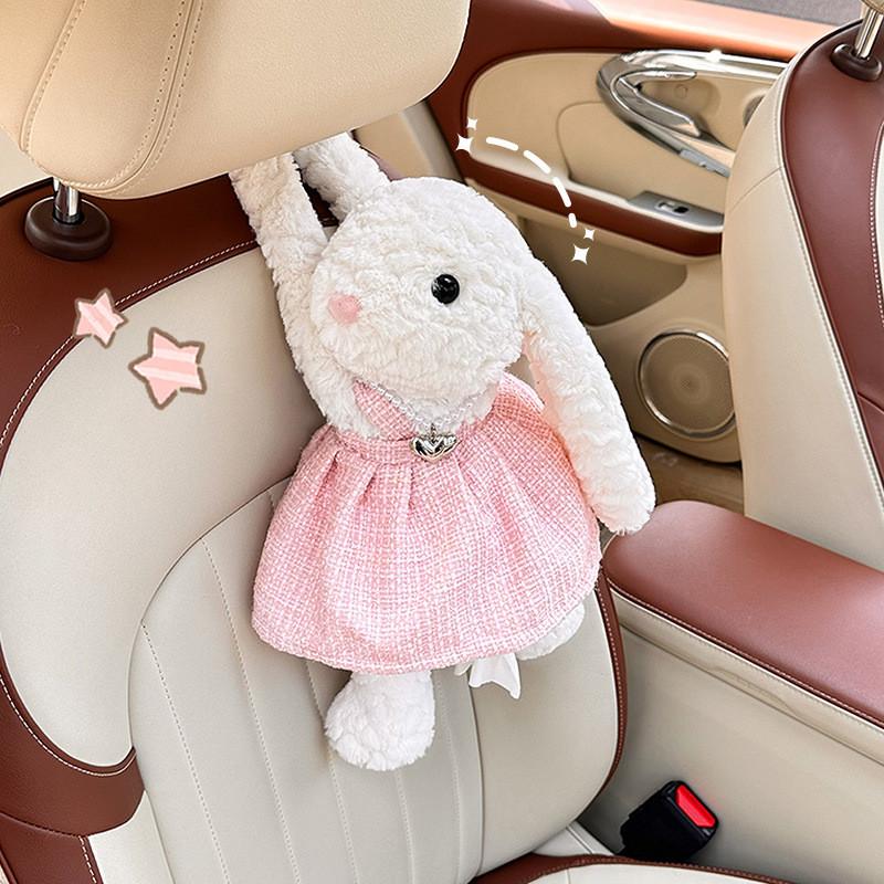 Creative Plush Bunny Car Tissue Holder With Cute Cartoon Design For Car Interior Decor