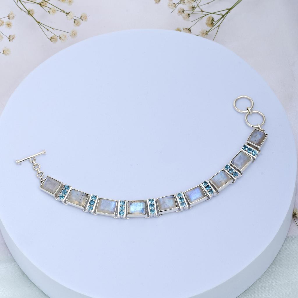 Moonstone & Swiss Blue Topaz Bracelet: Dainty 925 Sterling Silver Jewelry