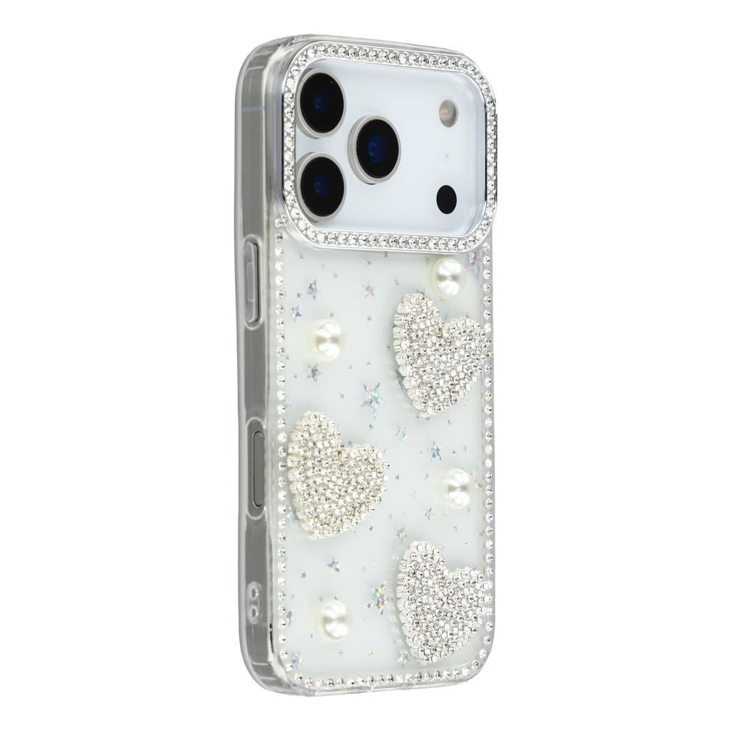 For iPhone 17 Pro Case Rhinestone Edge Pearl Love Decor TPU+PC IMD Phone Cover