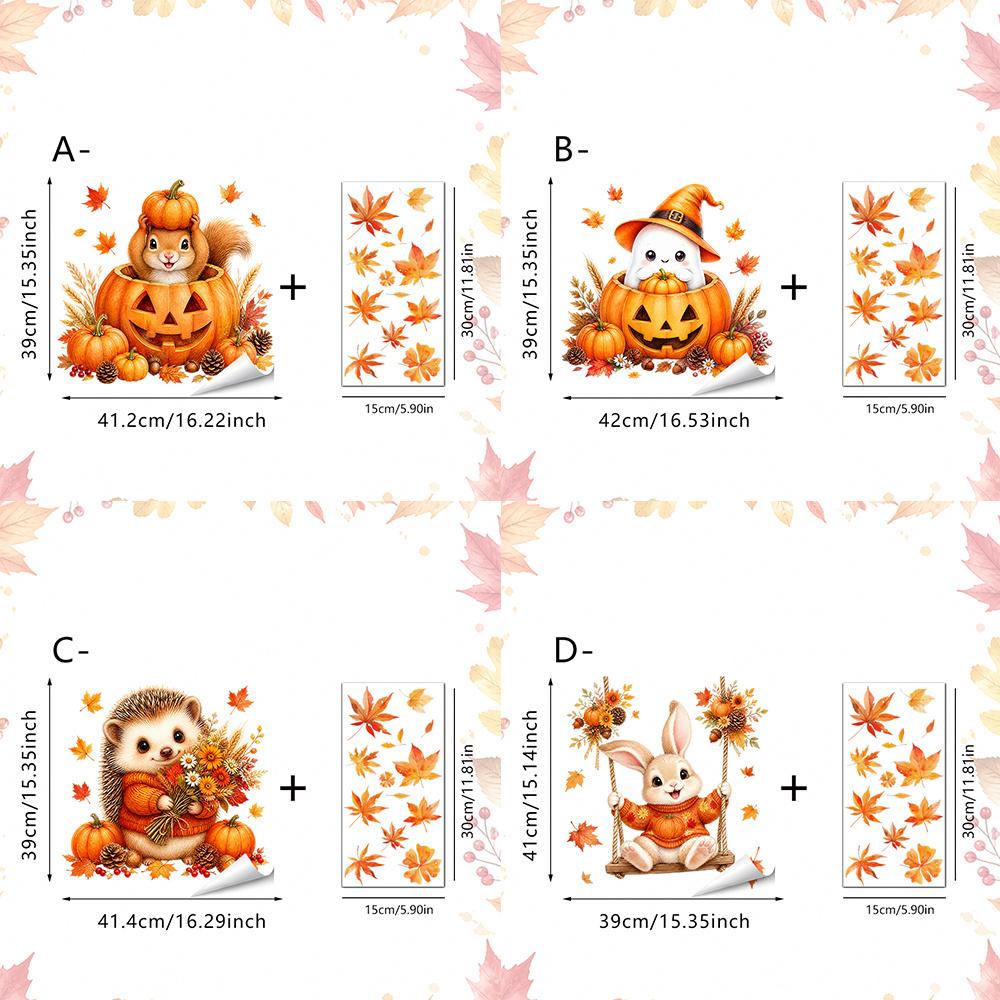 1pcs Fall Cute Ghost Hedgehog Static Window Clings, Thanksgiving Halloween Pumpkin Maple Leaf Window Stickers, No Glue Reusable