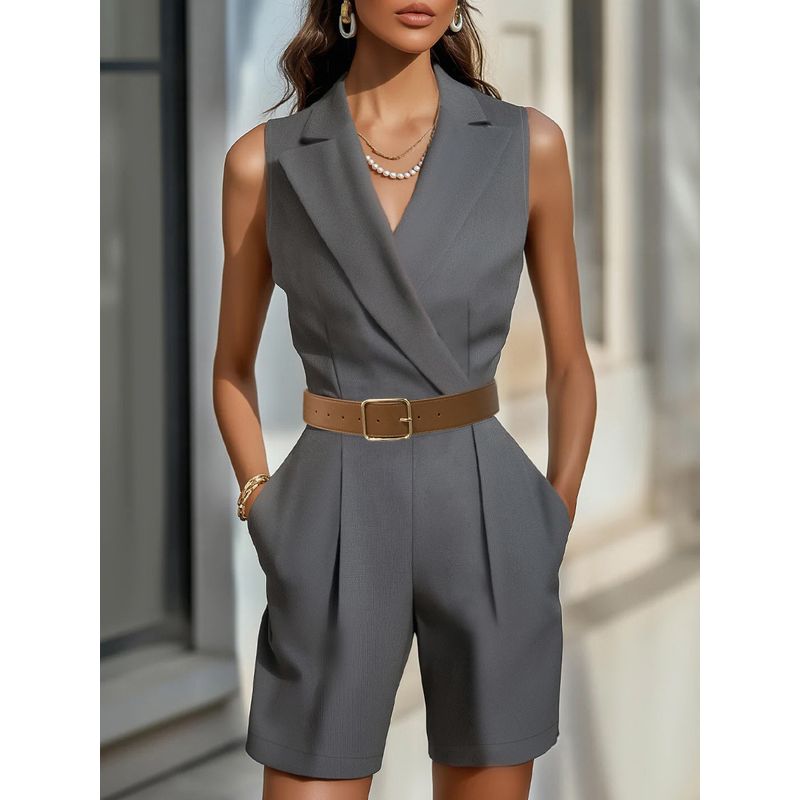 European and American Women clothes Summer Sleeveless Shorts Waist Hugging Slimming Temperament Set Women clothes Jumpsuit Grey Jumpsuit