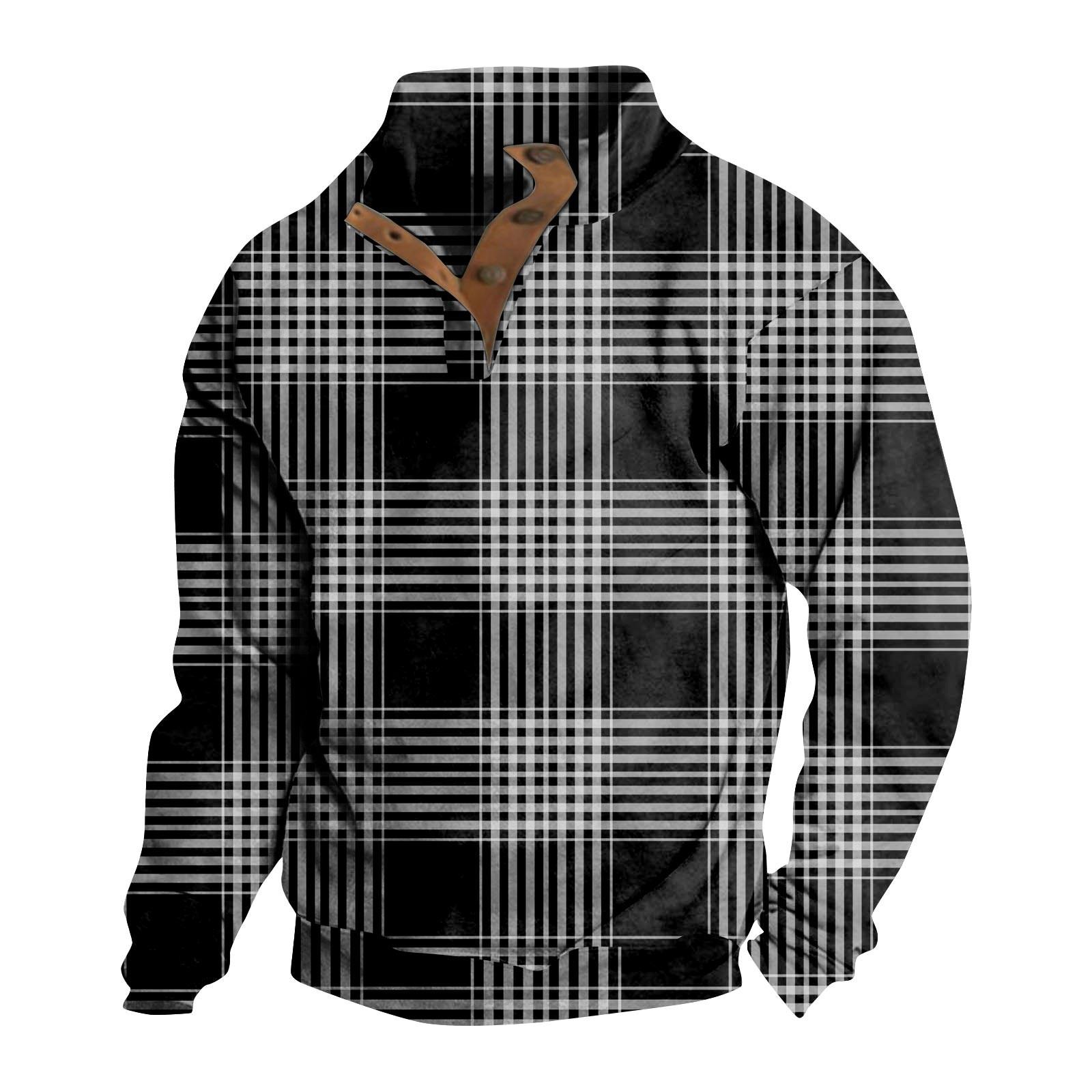

Мужская повседневная модная клетчатая толстовка без капюшона с принтом, широкая мужская свободная толстовка с капюшоном и воротником-стойкой на пуговицах XXXL чёрный