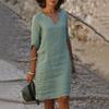 European-American Autumn Patchwork Cotton Linen V-Neck Dress, Women's Retro Solid Color, 3/4 Sleeve.