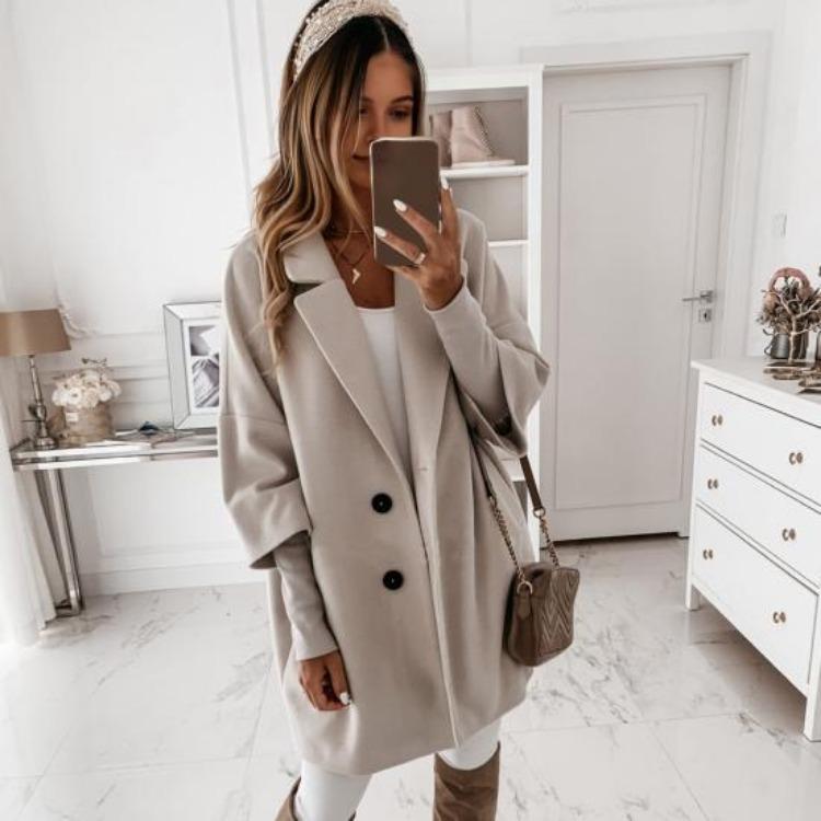 Winter Thermal Overcoat Women Double Breasted Thickened Loose Fit Coat Turn Down Collar Solid Color Pockets Three Quarter Sleeve Commuting Dating