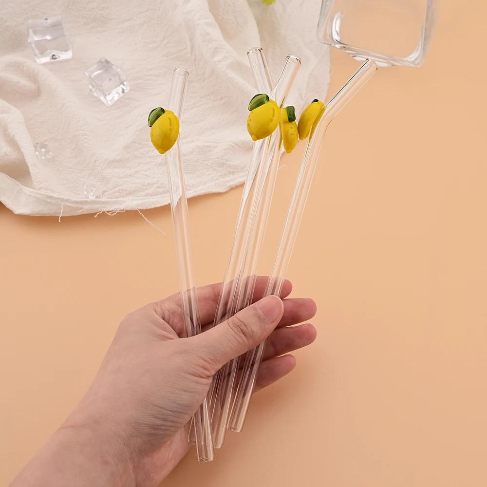 200*8mm Drinking Straw Set with Brush 4/5pcs Lemon Glass Straws High Borosilicate Bent Glass Straw Home Party Bar Drinkware